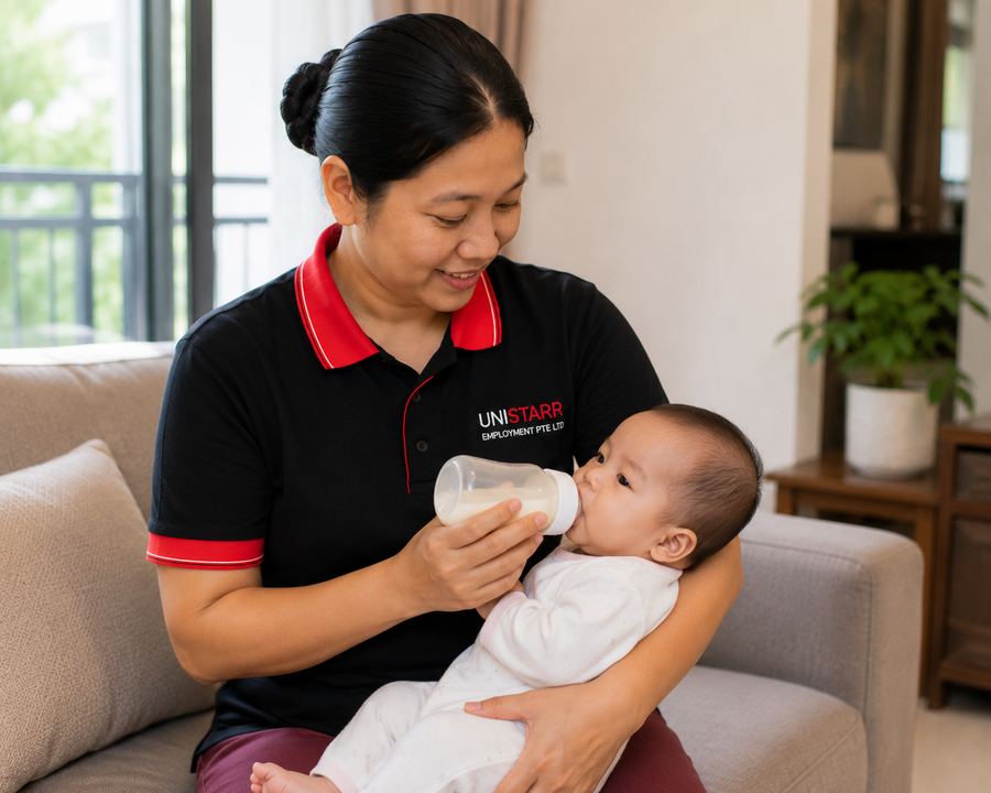 A Unistarr helper in uniform feeding a baby a bottle
