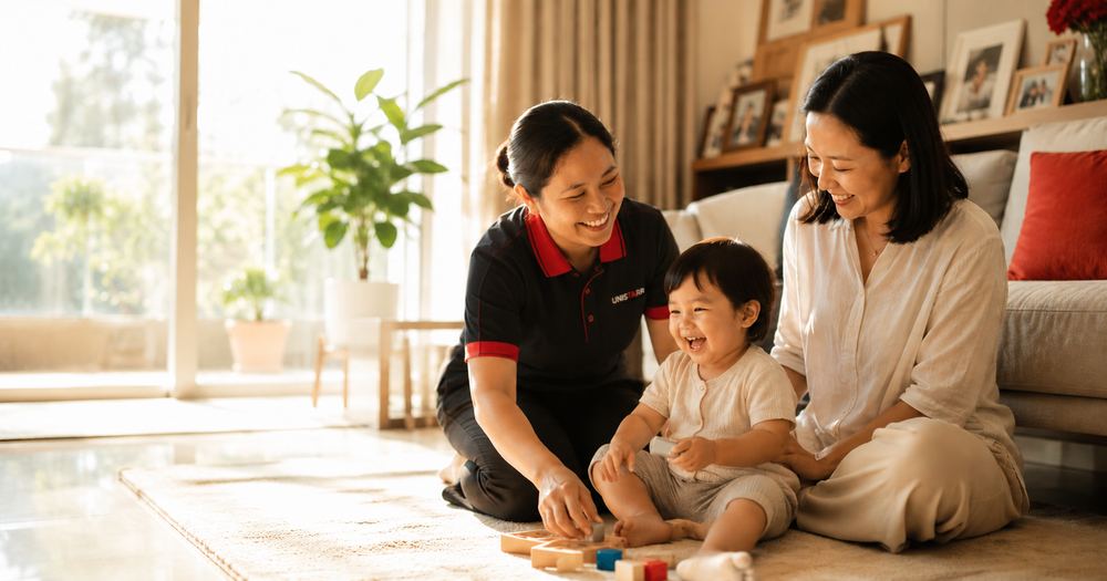 A Unistarr helper in uniform patiently playing with a child on the floor