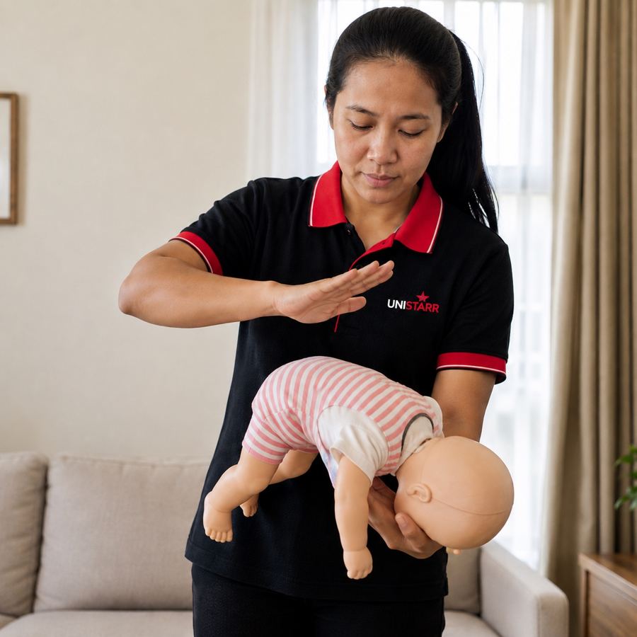 A Unistarr helper in uniform demonstrating infant choking response