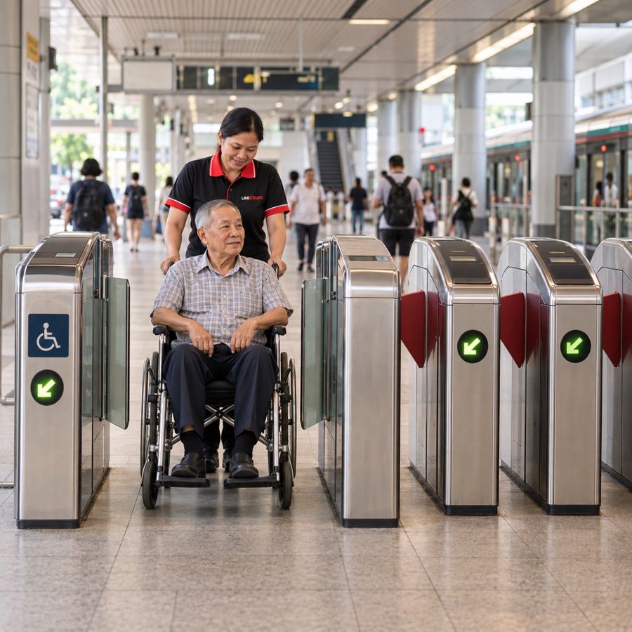 A Unistarr helper in uniform assisting an elderly man through MRT gantries