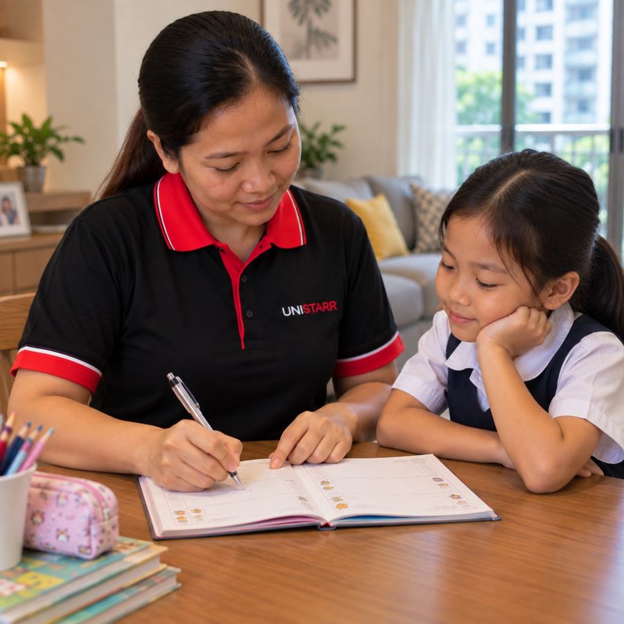 A Unistarr helper in uniform helping a schoolgirl with her homework diary
